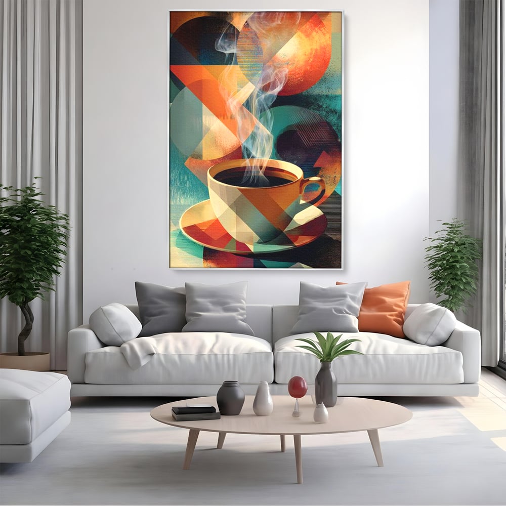 Tablou canvas cu ilustratie abstracta cu ceasca de cafea, in rama de aluminiu argintiu, pe perete intr-un living